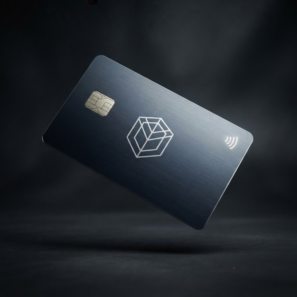 Cartão cripto premium azul com chip dourado e pagamento por aproximação